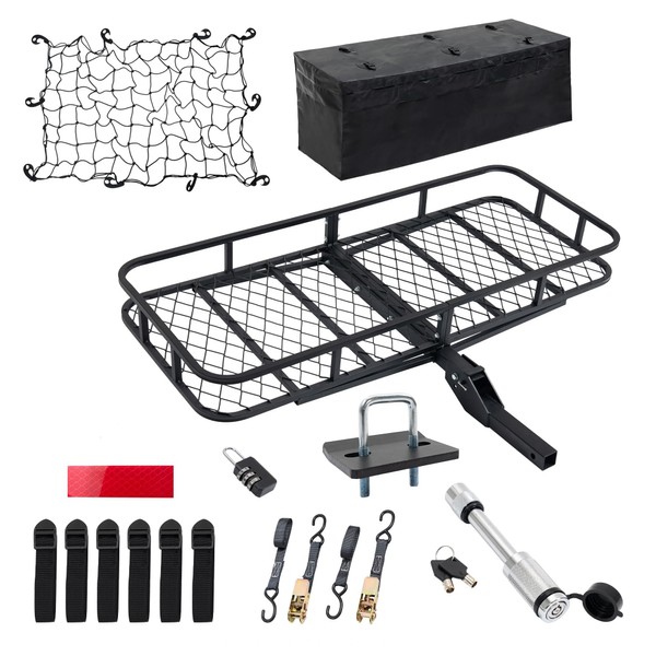 Jaxilyn Folding Hitch Mount Cargo Carrier 500 Lbs 60"x24"x6" Heavy Duty Hitch Rack Cargo Baskets with Hitch Stabilizer,Net and Straps Hitch Basket Cargo Rack for SUV Truck Car Fits 2" Receiver
