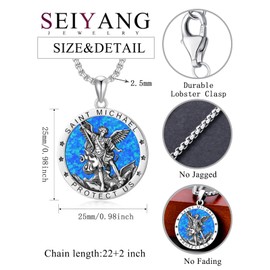 Seiyang Opal St Michael Necklace for Men 925 Sterling Silver Round Saint Archangel Michael Medal Medallion Protection Jewelry