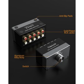 Cubilux AS-R4 4-Way Bidirectional RCA Selector Box, Passive 4-Channel Stereo RCA Speaker Audio Switch Box, 1(4) In 4(1) Out RCA Audio Splitter