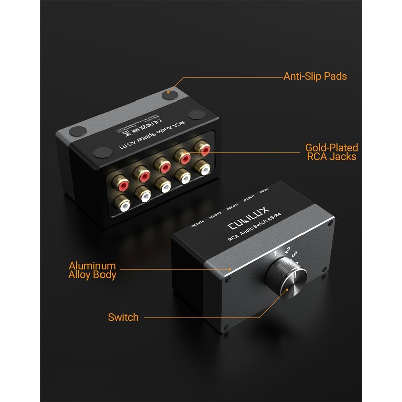 Cubilux AS-R4 4-Way Bidirectional RCA Selector Box, Passive 4-Channel Stereo
