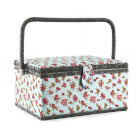 Adolfo Sewing Basket - Sewing Box - Blue Pink Rose Floral  - Sewing Kit - Storage Box  - Large - 12" x 9" x 6"