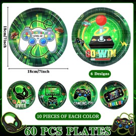 Naozinebi 60Pcs Video Game Party Plates Gaming Party Tableware Set 7Inch Green Game On Theme Party Decoration Gamer Disposable Dinnerware for Boy Gaming Video Game Game On Birthday Party Supplies