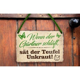 schilderkreis24 - Tin Signs Funny Saying "Wenn der Gärtner schläft, sät der Teufel Unkraut!" Decorative Humour Garden Sign Garden Entrance Gate Patio Gift Idea 18 x 12 cm
