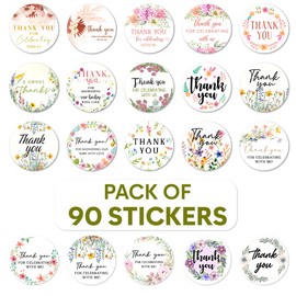 Pack 90 Pcs Wildflower Floral Celebrating with Me Stickers for Party Favors Toddlers Thank You Labels Birthday Supplies Cute Aesthetic Sticker Round Waterproof Vinyl Decals Bulk