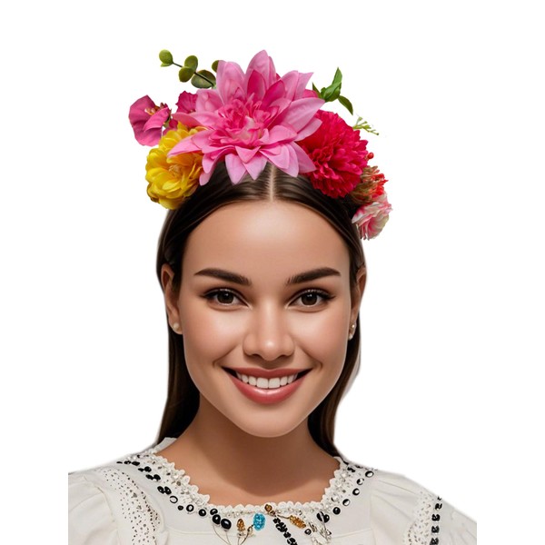 FANFAN Fuchsia Mexican Flower Crown Headband with Dahlia Flower -
