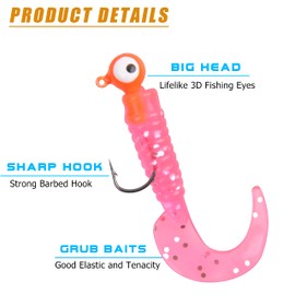Grub Fishing Lures Jig Heads Hooks Kit Crappie Jigs Soft Worms Lures Smell Tube Baits Tube Jigs Kit Swim Bait Set for Bass Trout Bluegill Panfish Saltwater Freshwater Fishing 17/48/110pcs