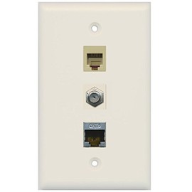 RiteAV - 1 Port Coax Cable TV- F-Type Phone RJ11 RJ12 and Shielded Cat6 Ethernet Wall Plate - Light Almond