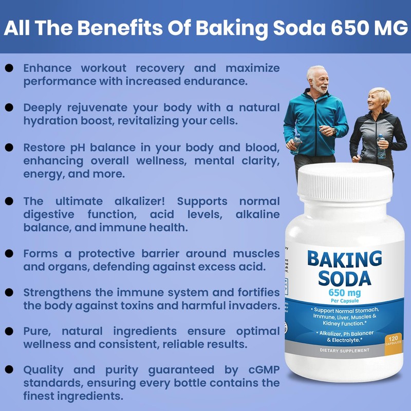 Natural Baking Soda Capsules - 650mg Baking Soda Tablets for