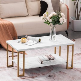 Modern Faux Marble Coffee Table, 2-Tier Rectangle Accent End Table Furniture with Metal Frame for Living Room Office, White (BPFGZAQOUK)