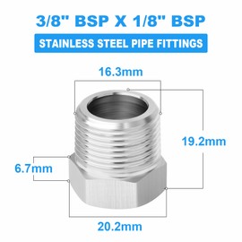 ERGAOBOY 2 Pcs 304 Stainless Steel Reducer Hex Bushing, 3/8" BSP Male to 1/8" BSP Female Pipe, Reducing Adapter Fitting Converter