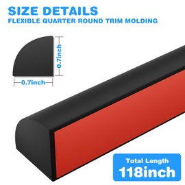 Flexible Quarter Round Molding, Peel and Stick Rubber Floor Trim for Bathrooms, Kitchens, Countertops,Flexible Moulded Trim 0.7" ×0.7" (Black, 118Inch)