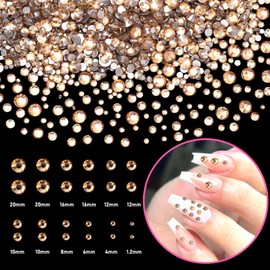 Champagne Gold Crystal Nail Art Rhinestones Kit, Mixed Sizes Half Gold Glass Gems Rhinestone for Nail, Nails Diamond Stones Gems for Nails Art DIY Supplies with Pickup Tools