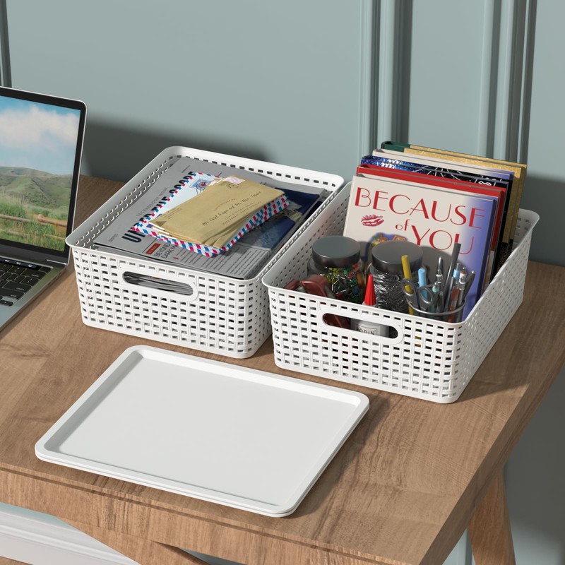 Kekow 6-Pack Plastic Storage Baskets with Lid, Organizer Bins, White