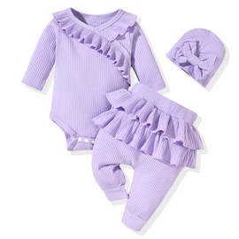 fioukiay Preemie Baby Girl Clothes Infant Girl Solid Ribbed Outfits Long Sleeve Ruffle Romper and Pants 3PC Clothing Sets(Purple,Preemie)