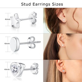 Loutade Silver Studs Earrings for Women, 3 Pairs 925 Sterling Silver Stud Earrings Set, 4mm Cartilage Sleeper Round Star Heart Stud Earrings, Hypoallergenic Tiny Unisex Silver Earrings for Girls Men