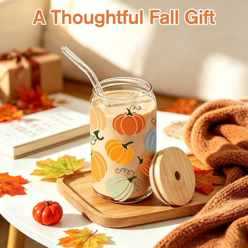 Fall Cups, 16oz Autumn Pumpkin Iced Coffee Glass Cup with