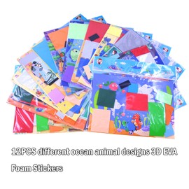 Lovyan 3D EVA Foam Stickers with Templates, Simple Sticky Foam DIY Craft Preschool Art Class Drawing Sticker Puzzle Art Kits for Kids Toddlers, Set of 12 (Sea Animals)
