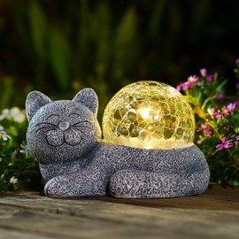 Fashionoda Solar Cat Garden Statue Lights for Outdoor Decor with Cracked Glass LED Figurine Lighting Resin Succulent Cat Decorations Patio Lawn Yard Housewarming Mom Gifts