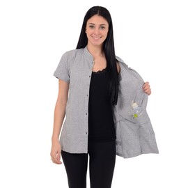 Post Mastectomy Shirt Band Collar Button Down Blouse with Drain Pockets Drainage Management (X-Large, Gray)