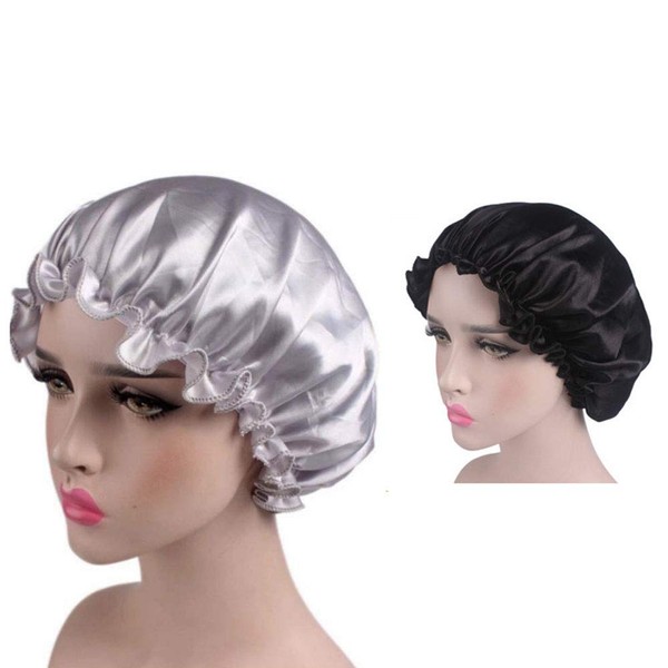 2 Pcs Satin Sleeping Caps Head Cover Bonnet with Elastic Band Hair Care Cap Night Hat for Women Ladies (Black and Silver)