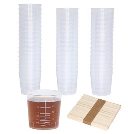 Pharamat 50 Pack 2 Ounce Plastic Graduated Cups, Transparent Scale Mixing Cups with 50 Pcs Wooden Stirring Sticks for Epoxy, Resin