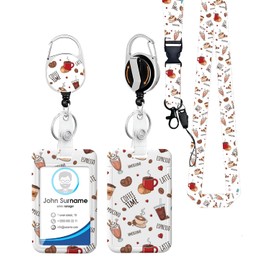 Coffee Time Design with ID Badger Holder Teacher Lanyard Work Badge with Belt Clip Keychain Necklace Retractable Keychain Heavy Duty Reel Clip Vertical ID Card Protective Case