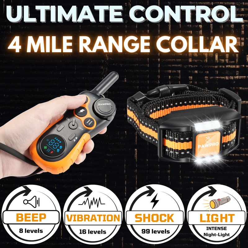 Dog Shock Collar with Remote, Unmatched 4-Mile Range, Night-Light Mode,