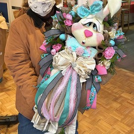 Easter Bunny Wreath Spring Decorations, 15.8 x 11 Inches Extra Large Size Easter Wreath Front Door Wall Window Decor, Handmade Rabbit Flower Garland Home Farmhouse Decorations (Multicolor)