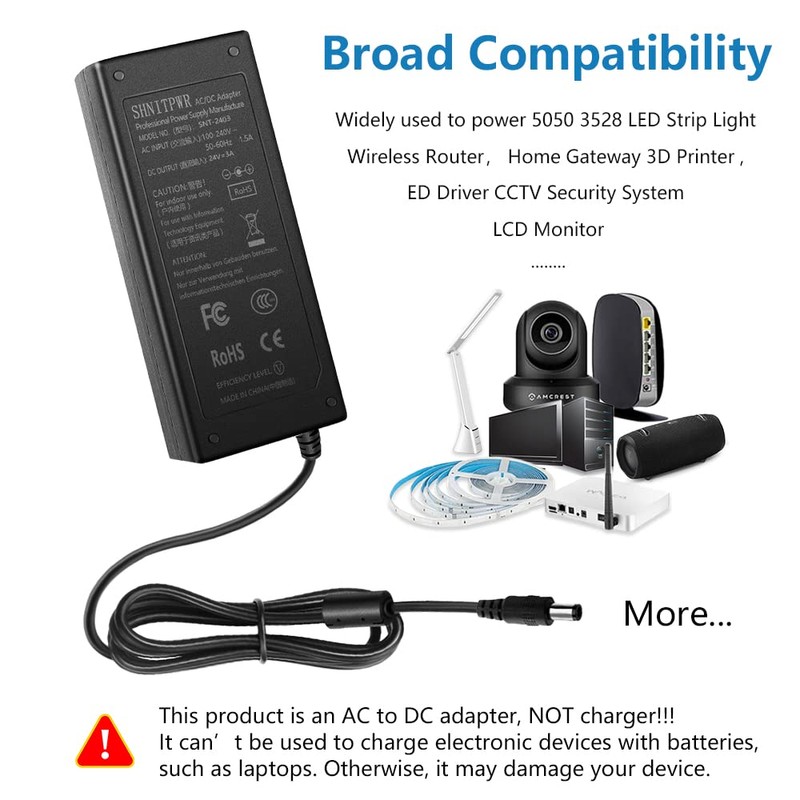 SHNITPWR 24V 3A DC Power Supply Adapter AC 100V~240V to