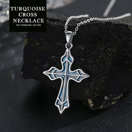 LTSTAND Women Turquoise Cross Necklace, 925 Sterling Silver Religious Faith Cross Pendant Necklace with Turquoise Vintage Western Jewelry Gift for Women