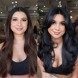 Long Wavy Black Layered Wigs with Curtain Bangs for Black White Women,Synthetic Layered Long Wavy Black Wig with Thin Hair for Daily Party 24inch(1B)