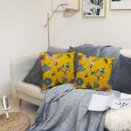 HMS Happy Memories Velvet Pillow Cases Square Decorative Throw Pillow Cover 45x45cm(18x18 Inch) Set of 2 for Couch Sofa Bed Living Room Bedroom (Yellow Bird Boho)