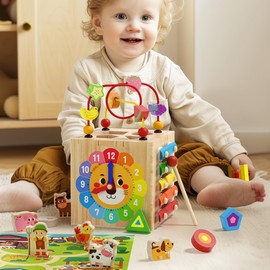 Montessori Educational Toy 7 in 1 Wooden Activity Cube, Children's Game Box, Early Development, Toy for Boys and Girls, Music Enlightenment, Color and Shape Recognition, Fine Exercise, Promotes