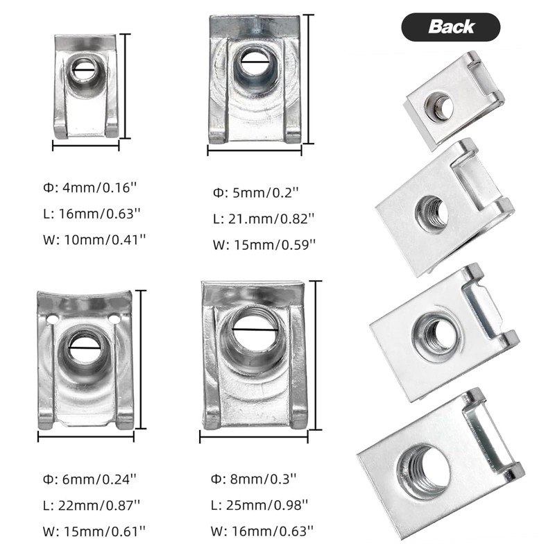 100 Stück Blechmutter, U-Typ Blechmuttern mit Kreuzschlitzschraubendreher, M4/M5/M6/M8 Blechmuttern Sortiment