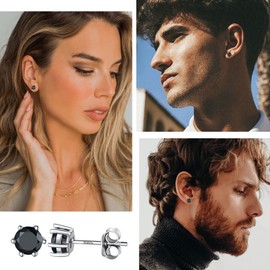 Suplight Black Stud Earrings for Women Men 925 Stelring Silver Black Cubic Zirconia Earrings Studs 5mm
