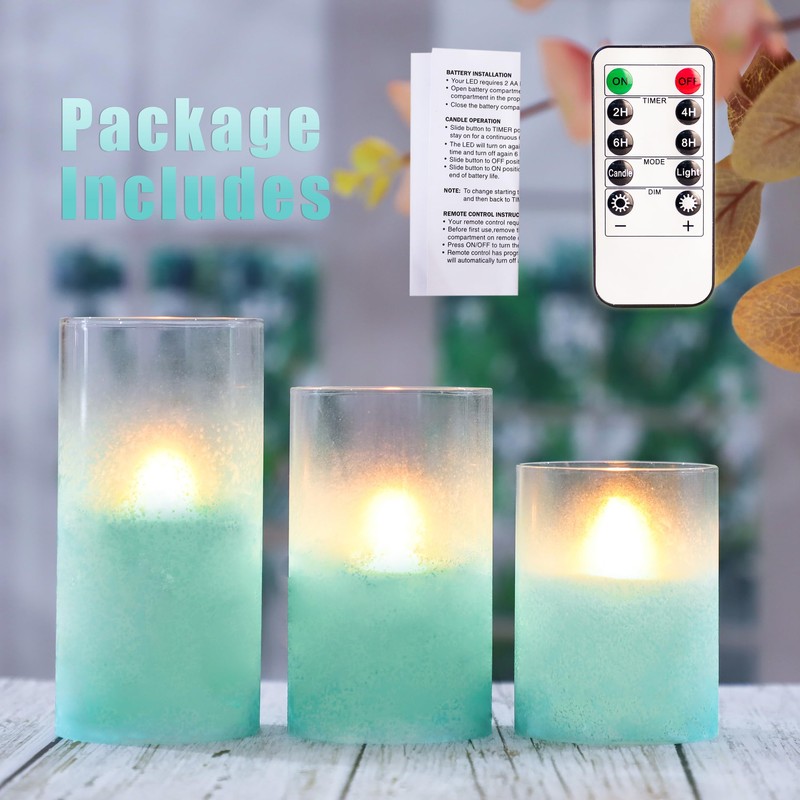 FLAVCHARM Blue Flameless Candles with Remote Aqua Glass Handmade Sandblast