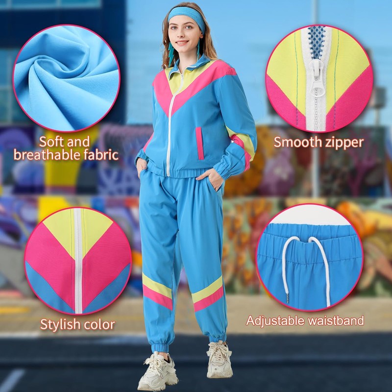 Coseaon 80s Tracksuit for Women Retro Windbreaker Outfit 90s Color