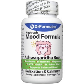 DrFormulas Mood Boost Probiotics with Stress B Complex Vitamins for Kids, Women, Men | Nexabiotic Supplement with Ashwagandha Capsules, St Johns Wort, GABA, Magnesium for Calm & Anxiety, 60 Count