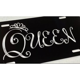 Queen Crown Car Diamond Etched Engraved on Black Aluminum Metal License Plate