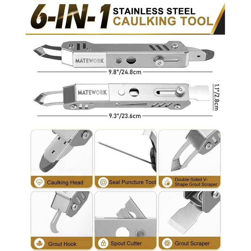 Matework 6 in 1 Caulking Tool, Stainless Steel Caulk Remover