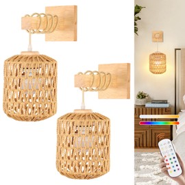 Rattan Wall Sconce Battery Operated Set of 2,Rechargeable Wall Light with Remote Control,Farmhouse Boho Wall Sconce Dimmable,Wireless Rustic Wall Lamp Indoor for Bedroom Living Room hallways foyer.