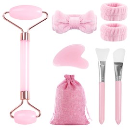 Yuaerbuo Face Massager Gua Sha Board Pink Jade Rollers, Natural Face Roller Gua Sha Jade Rose Quartz Facial Massager Stone, Jade Roller Skincare Headband Face Brushes Guasha Set (Pink)