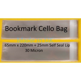 celloexpress Bookmark Cello 65mm x 220mm + 30mm Flap - Cellophane Clear Display Bags 30 Micron Self Seal - Pack of 250