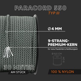 Paracord 550 Type III | Diameter 4 mm - 11 Cores - Max. 250 kg | 100% Nylon Cord - Tear-Resistant & Extremely Stable | Nylon Rope, All-Purpose Rope, Repair Cord & Outdoor Rope