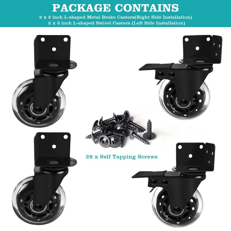Side Mount Industrial Casters, MALLLALA 3" Heavy Duty L-Shaped Bracket