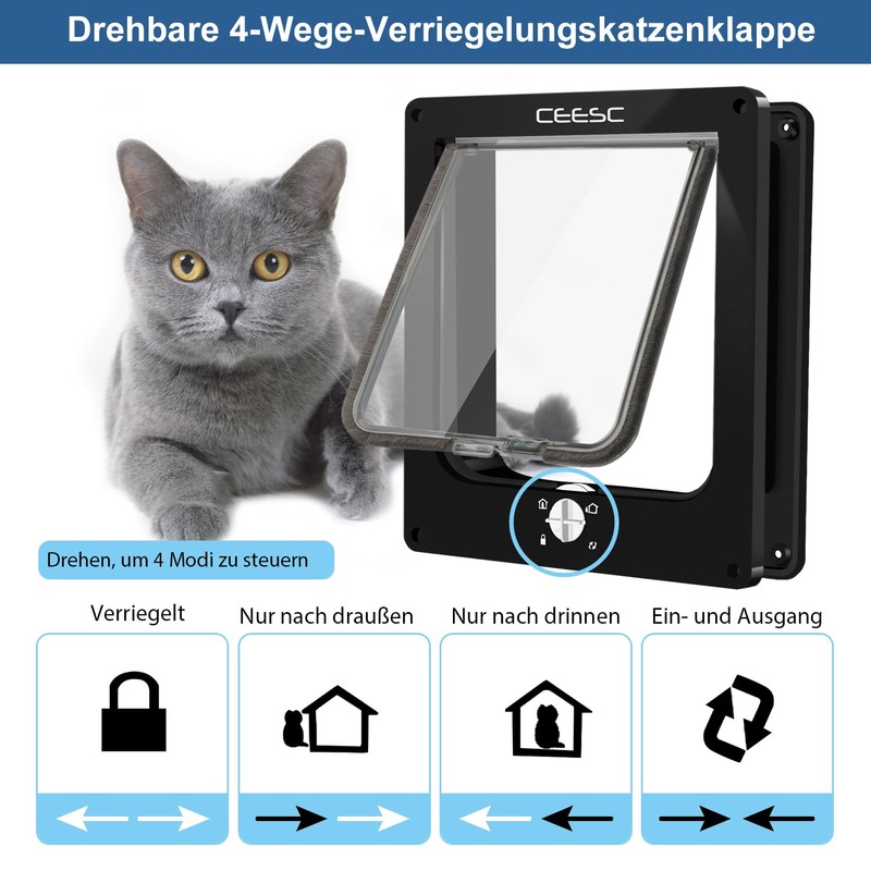 CEESC Large Cat Flap for Indoor/Outdoor Doors, Weatherproof, Rotating 4-Way