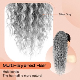 SEIKEA Ponytail Extension, PT005 Isabella 26" Long Bohemian Curly Drawstring Ponytail Light Fluffy Multi Layered Clip in Hair Extensions Ponytail Natural Soft Synthetic Hairpiece Silver Grey