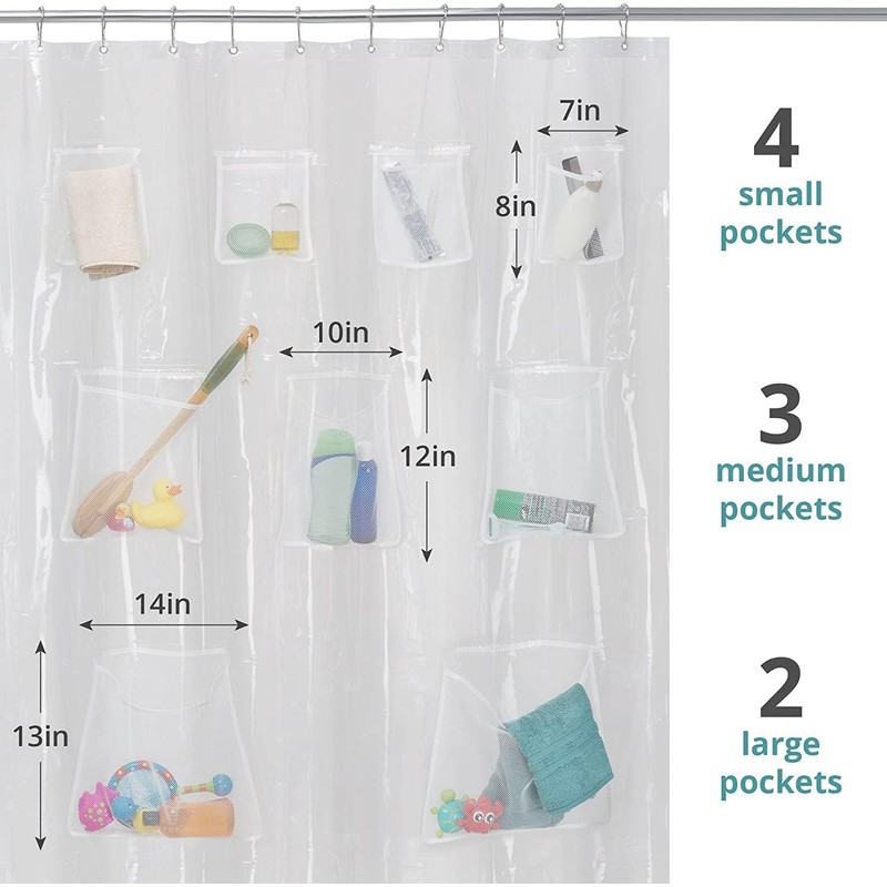 9 Mesh Pockets Shower Curtain or Liner with Waterproof Fabric,