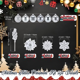 Ceenna 132 Pcs Christmas Tree Ornaments Set Glitter Poinsettia Flowers 2.36 inch Christmas Balls Snowflakes Decorations Artificial Berry Picks for Xmas Tree Wreath, Hooks Included (Silver,Classic)