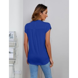Cuptacc Tunic Women's Summer V-Neck Petal Sleeve Blouse Women's Elegant Casual Basic Top Women, Royal blue